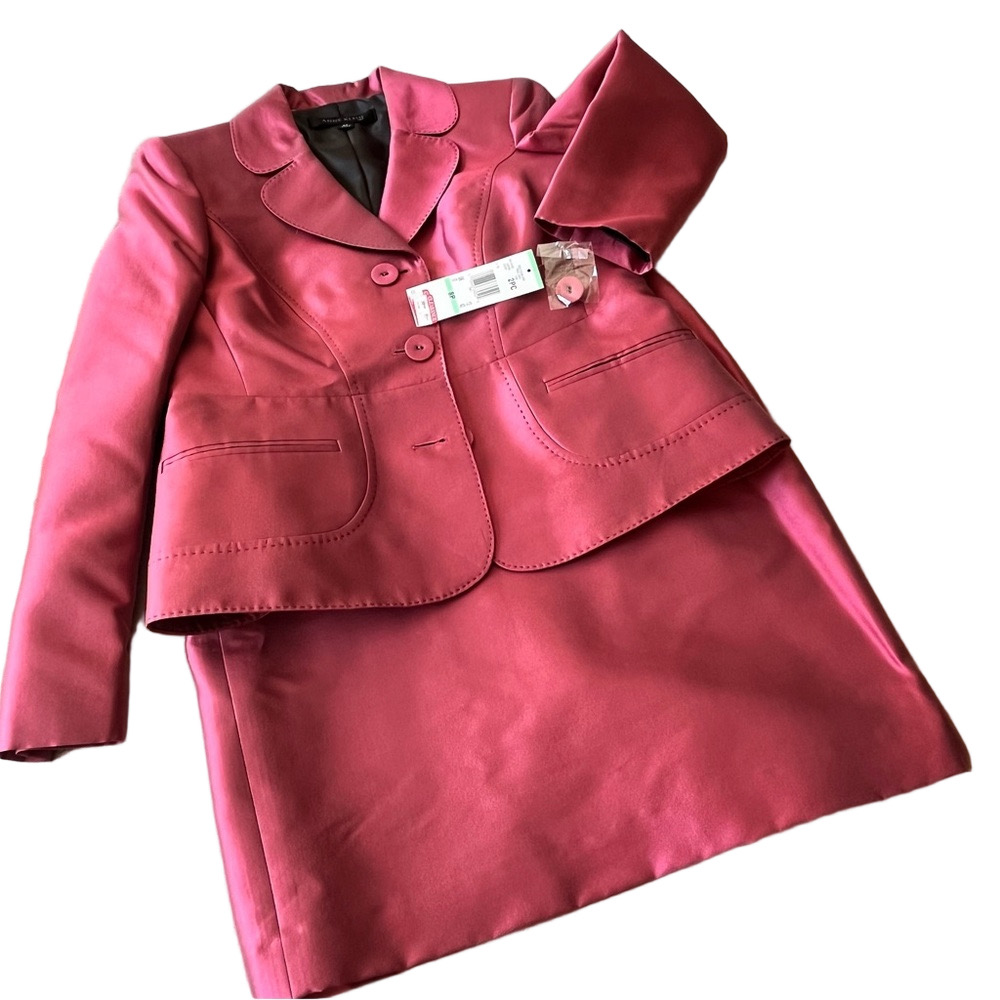 Anne Klein Suit Tea Rose Blazer Skirt Set Top Stitch Covered Buttons Size 8P - Picture 2 of 16